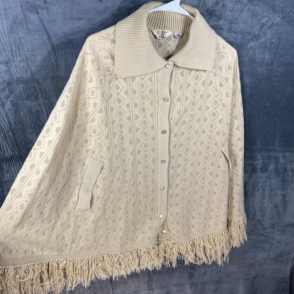 Vintage Womens Cardigan Cream Pointelle Knit Fringe Button Front Boho 70s Retro